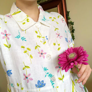 Vintage Linen Floral Dress - L