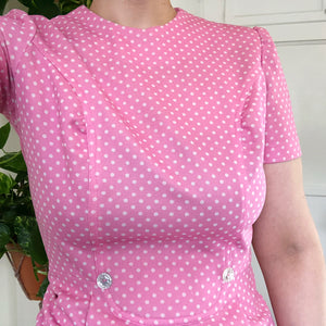 Vintage Pink and White Polka Dot Dress - L/XL