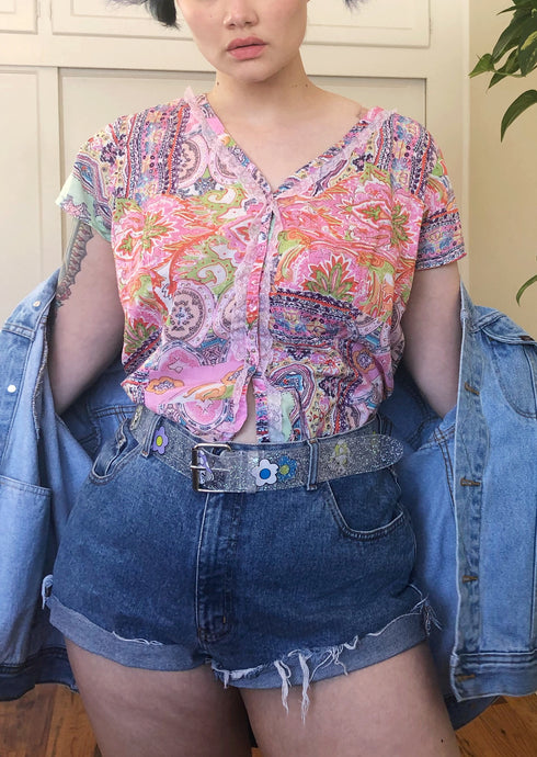 Vintage Patchwork-Look Button Up Top - XL/2X