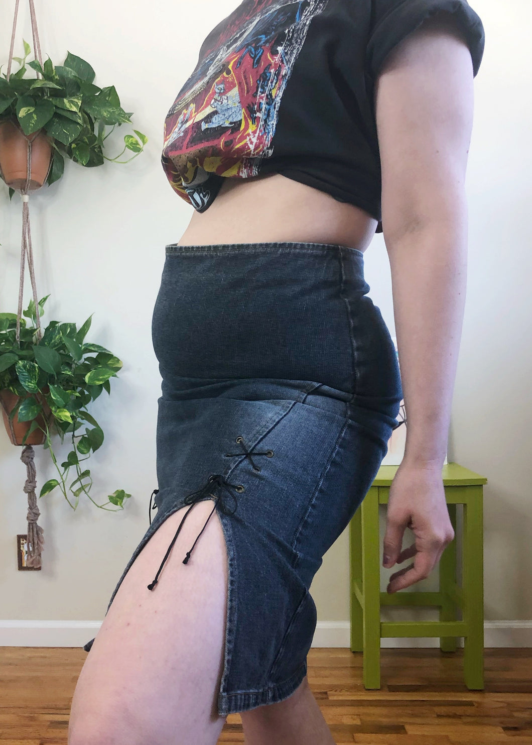 Vintage Lace Up Denim Skirt - L/XL