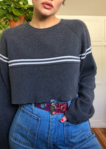 Vintage Gray & White Striped Raw Cropped Sweater - XL/2X/3X