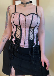 Vintage Baby Pink and Black Corset - XL/2X/3X